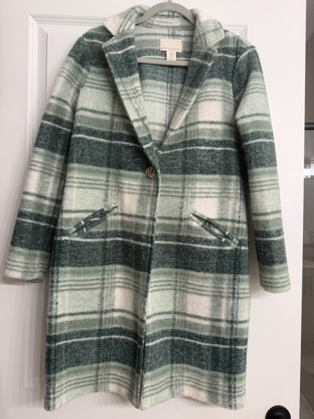 NWOT size XS - Cynthia Rowley Green & Ivory Plaid Wool-Blend Pea Coat